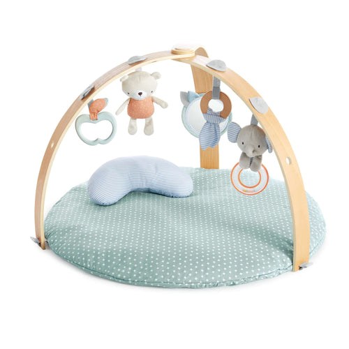 Ingenuity Cozy Spot™ Reversible Duvet Activity Gym with detachable toys and wooden bar.