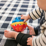 Flexible baby sensory rattle ball toy with colorful textures and caterpillar design