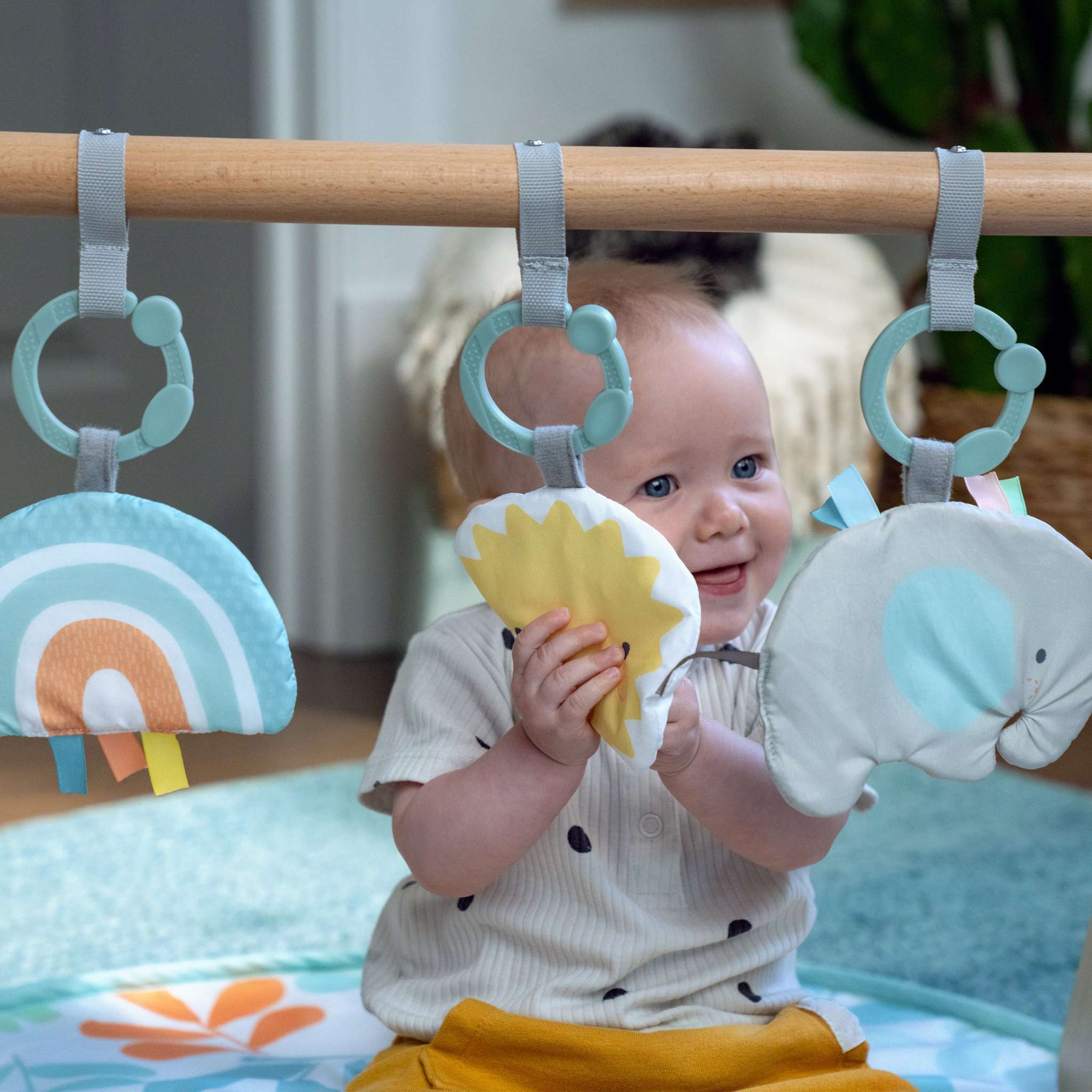 baby playing in sun valley wooden toy arch & play mat