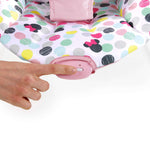 Minnie Mouse Spotty Dotty Vibrating Baby Bouncer with pink polka dots and Minnie-themed toys