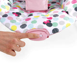 Minnie Mouse Spotty Dotty Vibrating Baby Bouncer with pink polka dots and Minnie-themed toys