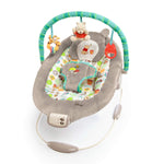 Winnie the Pooh Dots & Hunny Pots Bouncer with toy bar, plush toys, and soothing melodies for infants.