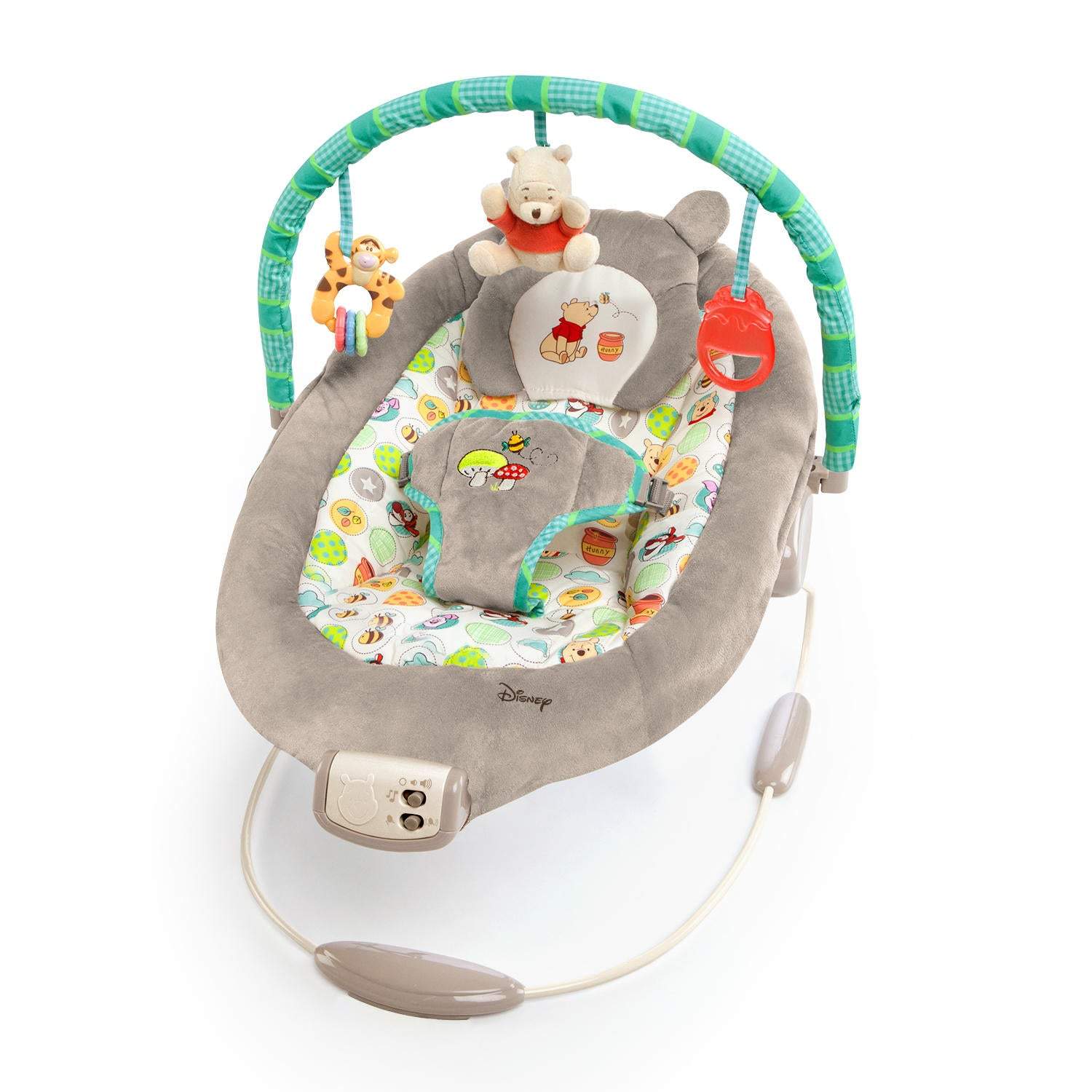 Winnie the Pooh Dots & Hunny Pots Bouncer with toy bar, plush toys, and soothing melodies for infants.