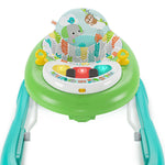 Bright Starts Tiny Trek Walker jungle-themed 2-in-1 baby walker with detachable piano toy and adjustable height.