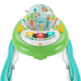 Bright Starts Tiny Trek Walker jungle-themed 2-in-1 baby walker with detachable piano toy and adjustable height.