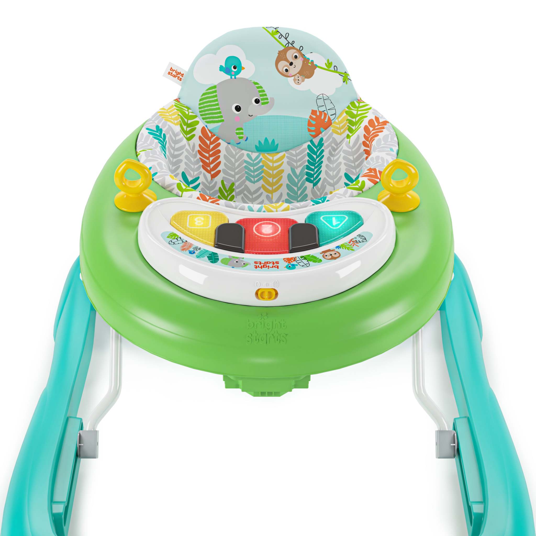 Bright Starts Tiny Trek Walker jungle-themed 2-in-1 baby walker with detachable piano toy and adjustable height.